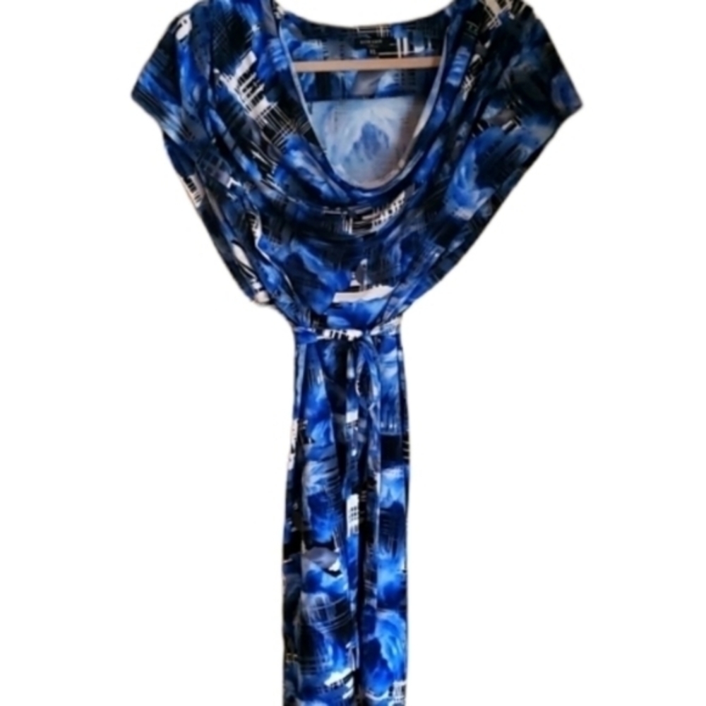 💜 KOMAROV XL Blue Black White Dress Cowl‎ Neck  Item #3459